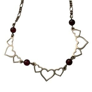 Necklace 925 Sterling Silver Garnet Pearl Multi 3 Heart Spaced Necklace 16”L VTG